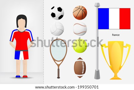 French sportswoman with sport equipment collection vector illustrations