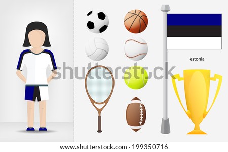 Estonian sportswoman with sport equipment collection vector illustrations