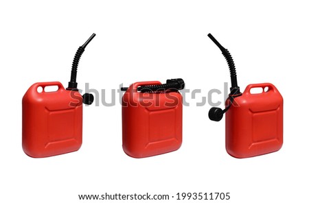 Red plastic canister for gasoline with long black filler pipe set front side view isolated on a white background. Oil, diesel, petrol or gas box. 3D. Royalty-Free Stock Photo #1993511705