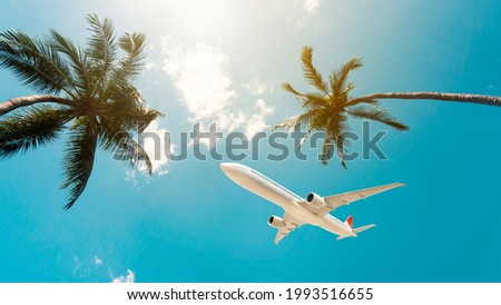Airplane flying on tropical summer vacation.   