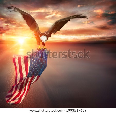 Eagle With American Flag Flies In Freedom At Sunset - Vintage Toned Royalty-Free Stock Photo #1993517639