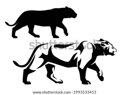 beautiful african lioness walking forward side view portrait - black and white vector animal outline and silhouette design