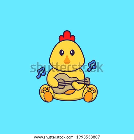 Cute chicken playing guitar. Animal cartoon concept isolated. Can used for t-shirt, greeting card, invitation card or mascot.
