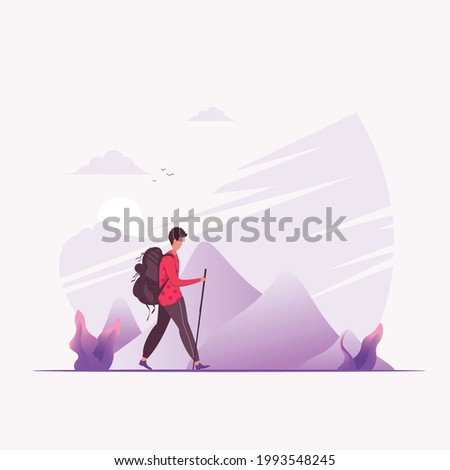 A Man hiking in the mountains with backpack. Mountain landscape. Adventure mountain. mountaineering tourism. trekking illustration.