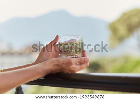 Girl holds in her hands a glass of homemade cocktail with herbs in front of mountains. Summer wallpaper close up. Royalty-Free Stock Photo #1993549676