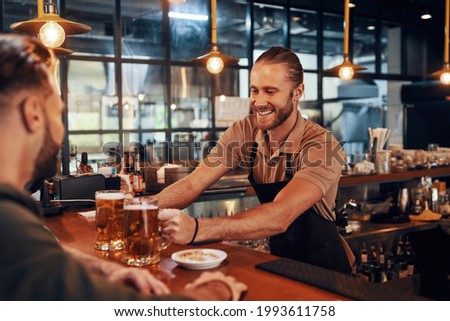 Charming young bartender in apron serving beer and smiling while working in the pub Royalty-Free Stock Photo #1993611758