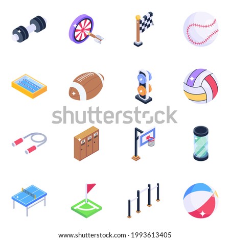 Sports Equipment Isometric Icons Pack 