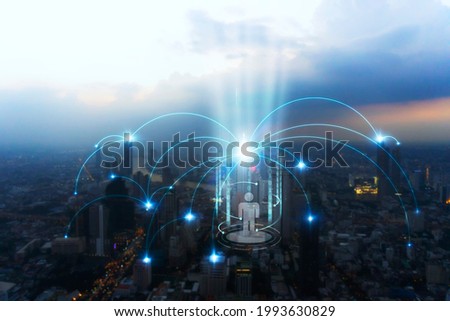Wireless network night city scene and gradient wave line with icon design - Networks and augmented reality concept background