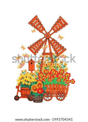 Garden wood decor, boxes with flowers. Hand drawn watercolor illustration. Isolated on a white background. Butterflies over red, yellow plants. Decoration mill, birdhouse, bike planter.