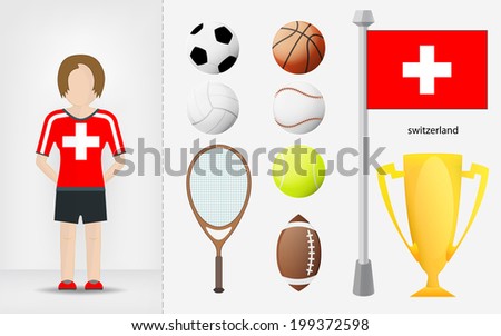 Swiss sportswoman with sport equipment collection vector illustrations