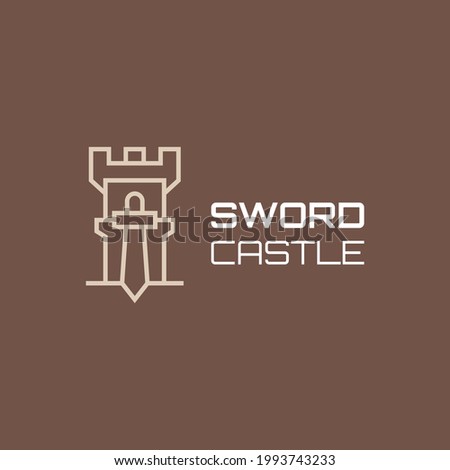 Sword castle logo template. Castle logo with sword. Castle monoline logo style