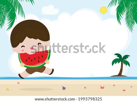 summer time template banner, Cute little kids holding watermelon and jumping on beach, happy in hot sunny day vacation flat cartoon isolated on background vector illustration