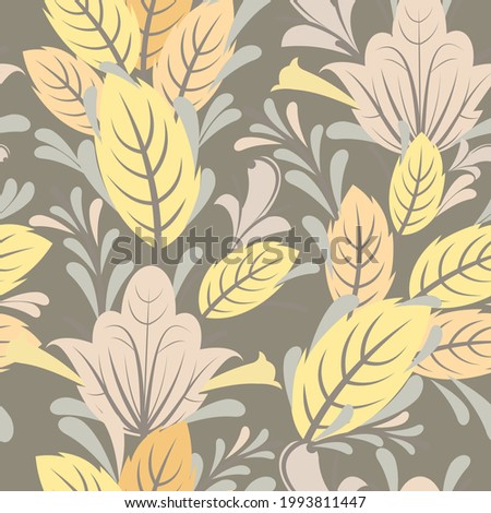 Floral ornament. Seamless pattern. Nice interlacing of branches and flowers. Illustration in a simple flat symbolic style. Funny rural cartoon design. Vector