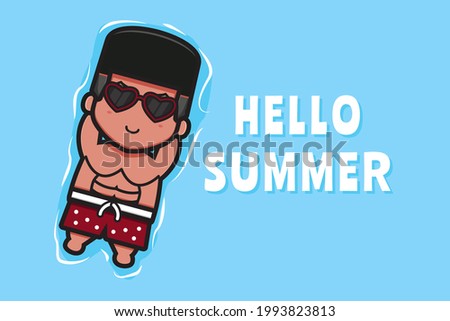 Cute boy floating relaxes with a summer greeting banner cartoon vector icon illustration. Design isolated on blue. Flat cartoon style.