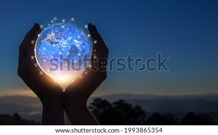 abstract science global circle network connection in hands on night sky background blue tone concept