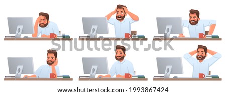Businessman at desktop. Tired and successful worker. Deadline. The employee is angry. Different emotions of a man working in an office at a computer. Vector illustration in cartoon style Royalty-Free Stock Photo #1993867424
