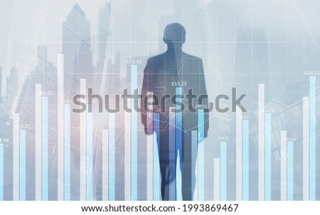 Double exposure blue chart financial graphs and diagrams