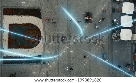 Top area view of man walking with bicycle around the city using mobile smart phone. Online communication. 5G internet connect. Freelance lifestyle. Worldwide people connecting concept.