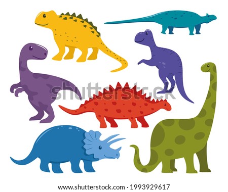 Dinosaur big set. Collection of prehistoric jurrasic period wild fauna. Cute colorful dinosaurs in cartoon style. Vector illustration
