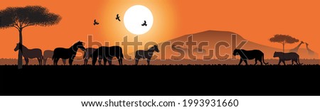 Concept illustration vector silhouettes of wild animals of Africa, birds, zebras, lions on the background of the sun mountains and landscape.