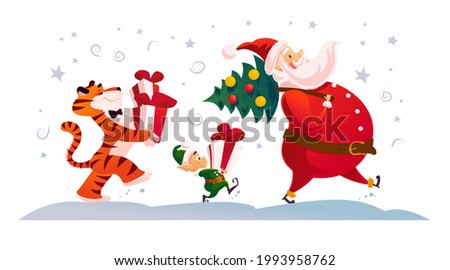 Merry Christmas illustration with Santa Claus, elf and tiger carry presents and fir tree isolated. Vector flat cartoon style. For banners, sale cards, posters, tags, web, flyers, advertisement etc.