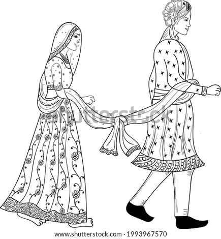 INDIAN WEDDING GROOM AND BRIDE VECTORE ILLUSTRATION BLACK AND WHITE CLIP ART