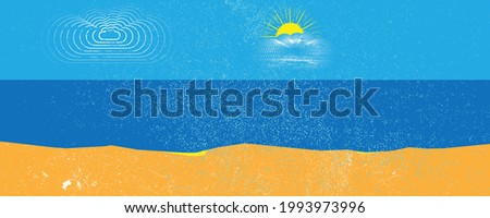 Ocean, sun, clouds and sandy beach. Sunset logo  . Vector Illustration. 