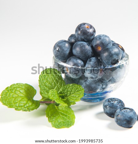 Still life photos of blueberries and green leaves on a white background