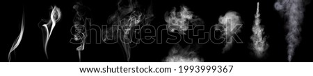 Set. Close-up of various types of smoke steam or smog. white float abstract lines. Visible water droplets swirl beautifully from the humidifying spray. isolated on a black background Royalty-Free Stock Photo #1993999367