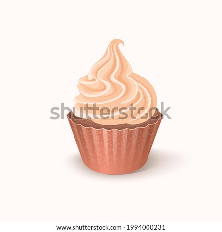 Vector illustration cupcake with pink whipped cream on white background. Isolated clipart with one sweet cake