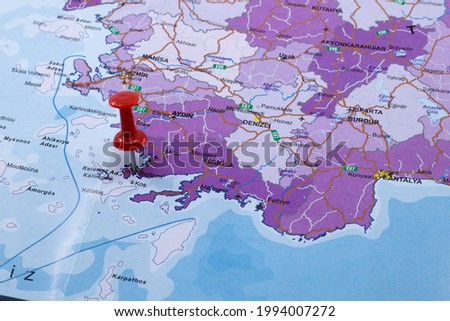 Red push pin on the map, Red push showing location of Bodrum, Muğla city of Turkey, on the map, travel concept idea photo.