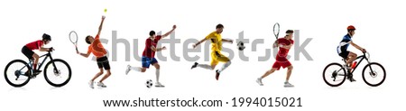 Sportsmen in motion. Multi sport collage. Football, tennis, basketball male players and cyclists isolated on white background. Flyer. Concept of sport, action, competition. Copy space for ad.