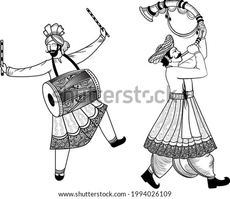 Indian music instrument player wedding symbol. Two Indian wedding instrument player playing dhol and Bigul in wedding vector clip art. Black and white illustration of wedding clip art. 