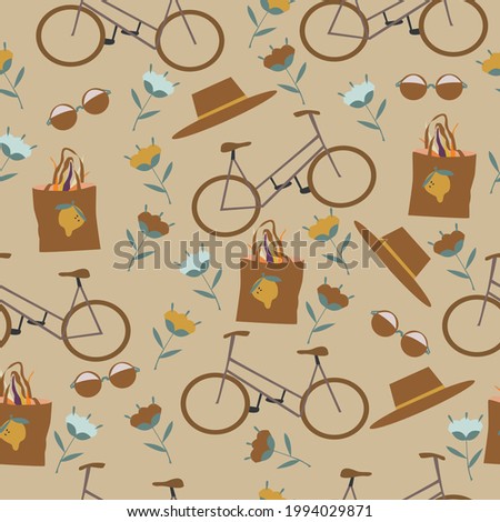 Seamless pattern of summer things such as bike, summer bag, summer hat, flowers and summer glasses. Vector illustration 