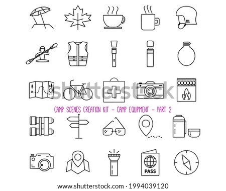Set of various camping equipment icons. 