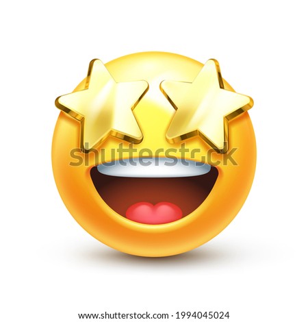 Starry eyed emoji. Golden stars for eyes excited emoticon with open smile 3D stylized vector icon Royalty-Free Stock Photo #1994045024