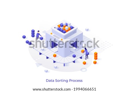 Conceptual template with people putting cubes on conveyor belt. Scene for data sorting process, algorithm analysis, database information research. Modern isometric vector illustration for webpage.