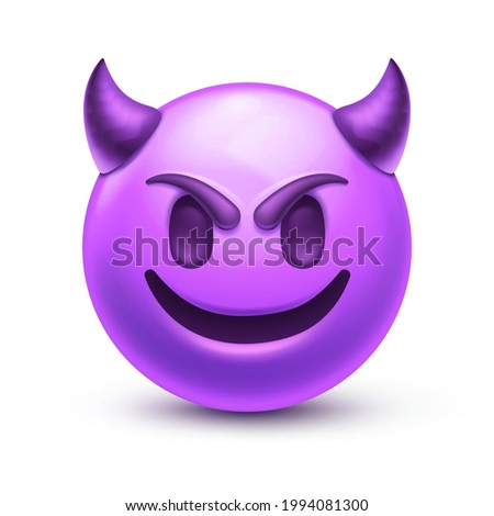 Evil devil emoji. Happy purple emoticon with devil horns, gloating demon 3D stylized vector icon Royalty-Free Stock Photo #1994081300
