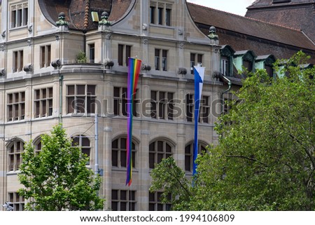 LGTBQ flag at town administration building at City of Zurich. Photo taken June 20th, 2021, Zurich, Switzerland.