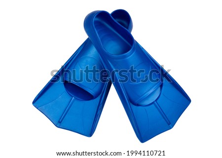 Fins are isolated on a white background. Flippers. Open toe and closed heel for professional swimming and training. Shortened blue flippers. Royalty-Free Stock Photo #1994110721