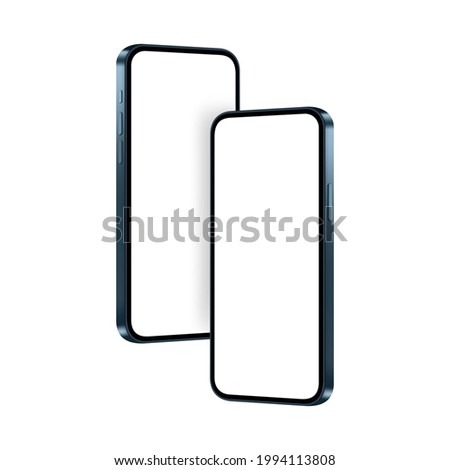 Phones Dark Blue Mockups, Isolated on White Background, Side View. Vector Illustration