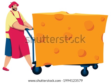 Cartoon illustration of cheesemonger bringing a giant piece of cheese.