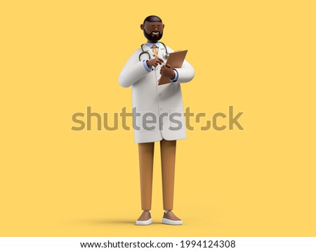 3d render. Happy doctor toy, african cartoon character holds clipboard and looks at camera. Medical clip art isolated on yellow background. Professional consultation