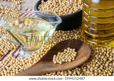 soybeans in a jute bag in a composition with soybean oil - 2021 soybean crop in the state of Mato Grosso do Sul, Brazil