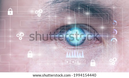 Eye scan interface, Human eye recognition face ID scanning process and high-tech concept, screening big data and digital transformation technology strategy