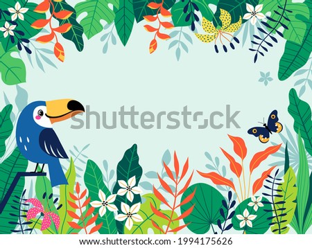Bright colorful tropical background with cute toucan, butterfly, leaves, flowers and place for your text. Vector image is cropped with clipping mask.