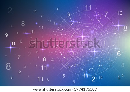 Astrology and numerology concept with zodiac signs and numbers over starry sky Royalty-Free Stock Photo #1994196509