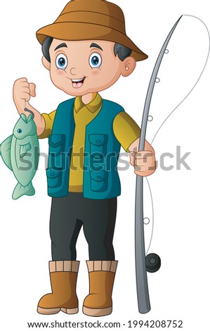Fishermen in rubber boots with a caught fish and a fishing rod