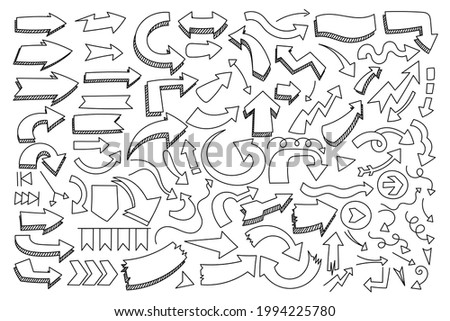 Various of different hand drawn arrow and pointer in doodle style. Blank vector of arrow for meeting chart or comic. Collection of icons and signs left right down up all elements are isolated.