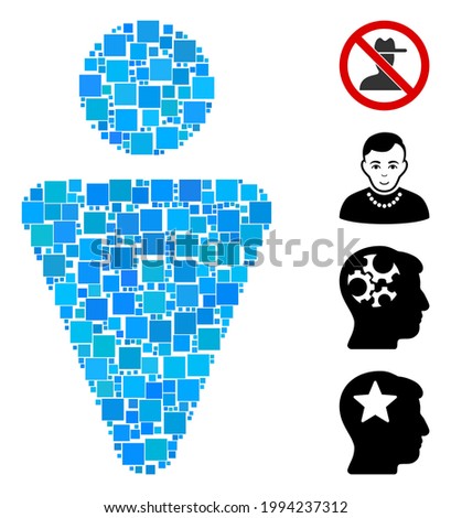 Mosaic Man icon composed of square items in various sizes and color hues. Vector square items are composed into abstract collage man icon. Bonus pictograms are placed.